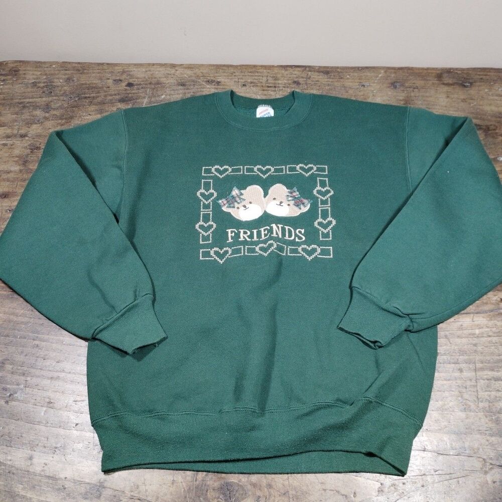 Vintage Jerzees Sweatshirt Sz Medium Green Friends Bear Appliques Hearts Grandma